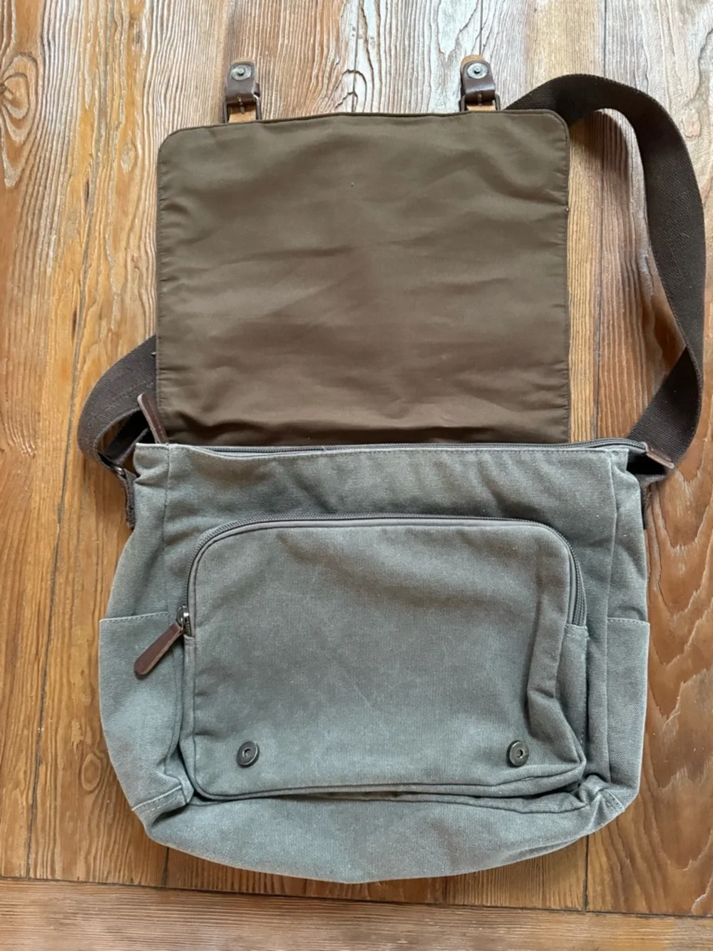 Canvas Messenge / Laptop Bag in Olive Green with Brown Accents